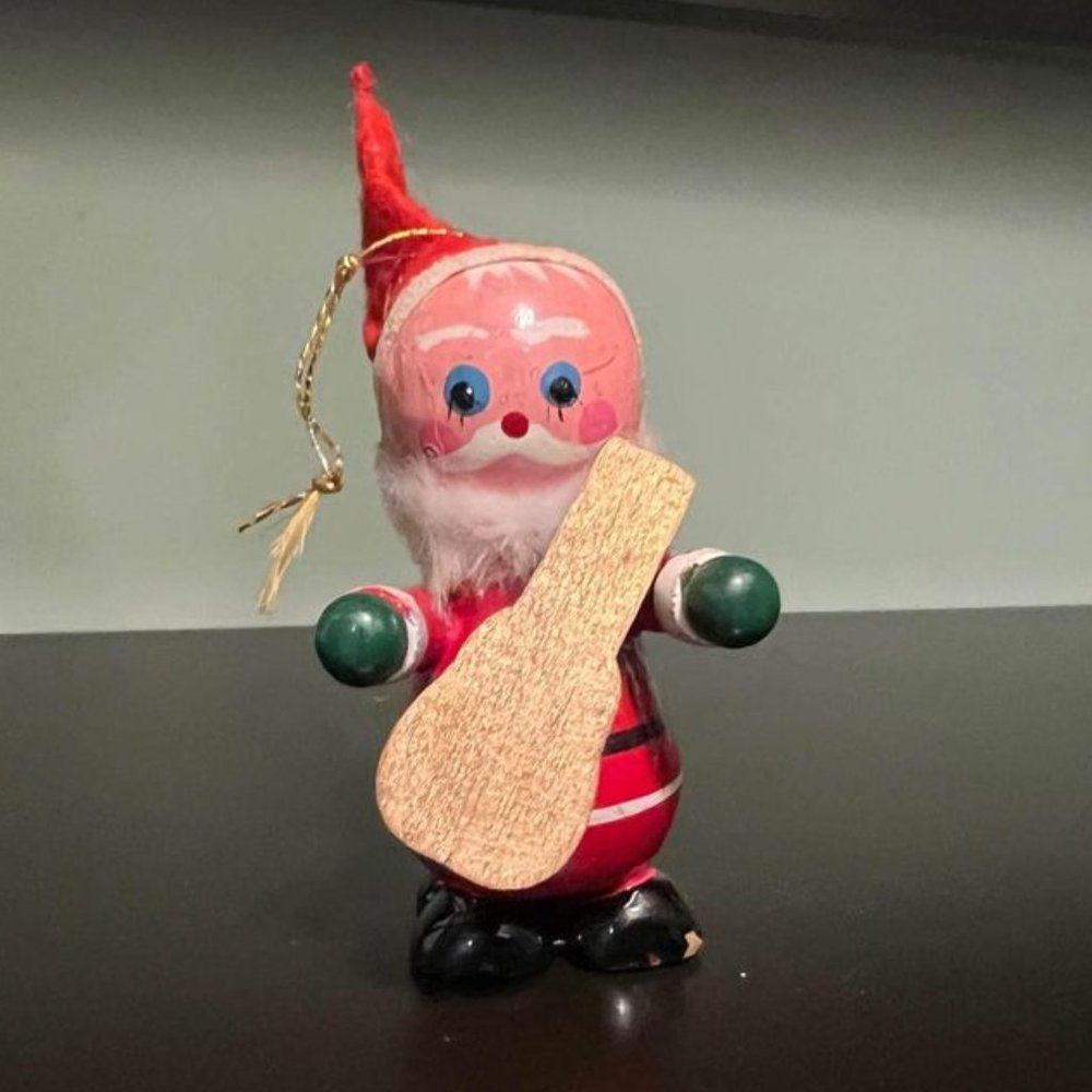 Vintage Wooden Christmas Elf ornament with Guitar